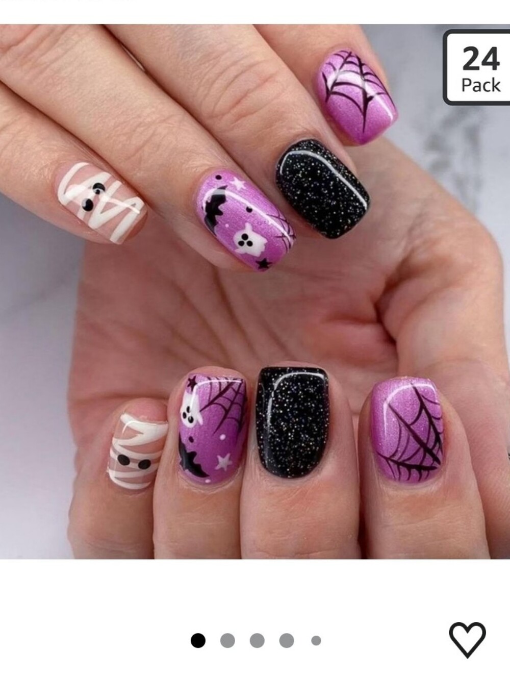Halloween Press-On Nails Set - Purple & Black Ghost Spider Web Designs